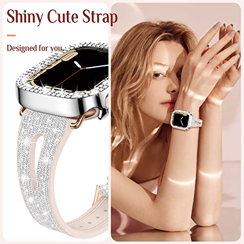 Goton Bling Band + Case for Apple Watch Bands 45mm 44mm 41mm 40mm 38mm Series 8 7 SE 6 5 4 3 2 1, Women Glitter Silicone Thin Strap + Bumper Cover for iWatch Accessories 41 mm Silver