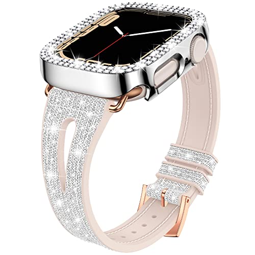 Goton Bling Band + Case for Apple Watch Bands 45mm 44mm 41mm 40mm 38mm Series 8 7 SE 6 5 4 3 2 1, Women Glitter Silicone Thin Strap + Bumper Cover for iWatch Accessories 41 mm Silver