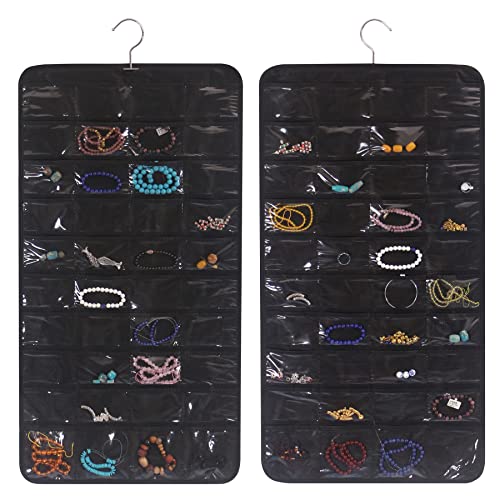 2 Pack Hanging Jewelry Organizer with 80 Pockets Jewelry Storage for Earrings Necklace Bracelet Ring Accessory, Black