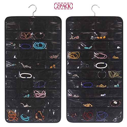 2 Pack Hanging Jewelry Organizer with 80 Pockets Jewelry Storage for Earrings Necklace Bracelet Ring Accessory, Black