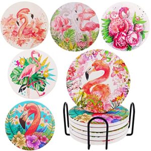 pink coasters for drinks with holder, set of 6 absorbent ceramic coaster, tropical flamingo floral style for bar wooden coffee tables, cute home party decor, gift for woman,4 inches