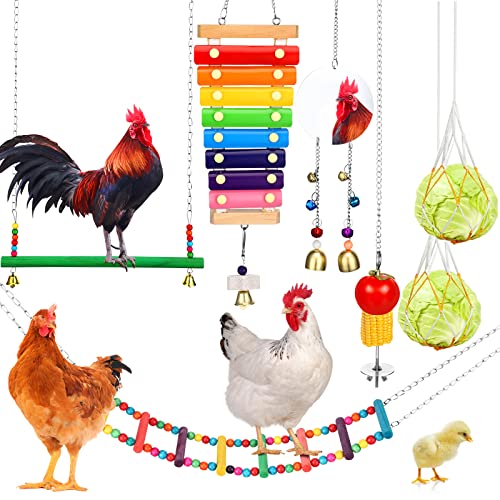 7 Packs Chicken Toys Set, Chicken Coop Accessories for Hens, Baby Chicken Xylophone Toys, Chicken Ladder Bird Swings Toy, Chicken Mirror Toys Veggies Skewer Fruit Holder Vegetable Hanging Feeder