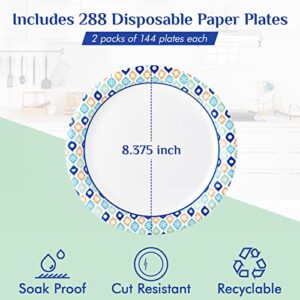 MUCHII 8.375 Inch Disposable Paper Plates, 288 Count Paper Plates, Soak-Proof Disposable Paper Plates for Daily Use, Cut-Proof Holiday Paper Plates for Family Gatherings, Parties Picnic And So On.