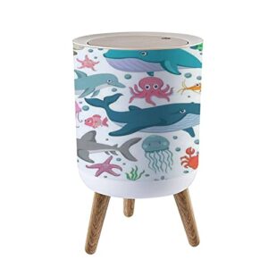 trash can with lid marine life sea animals and fish various poses and situations drawing press cover small garbage bin round with wooden legs waste basket for bathroom kitchen bedroom 7l/1.8 gallon