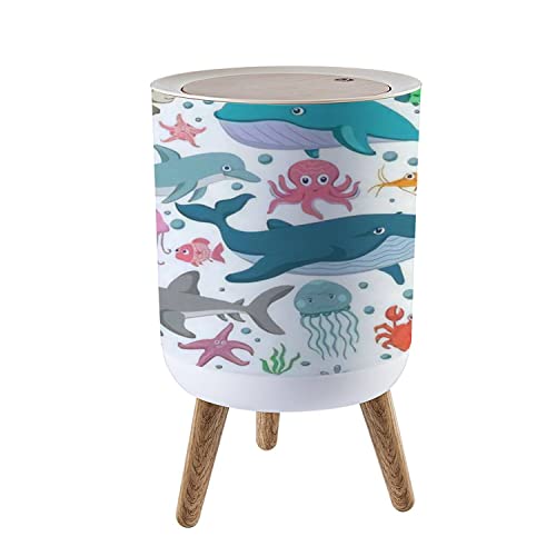 Trash Can with Lid Marine Life sea Animals and Fish Various Poses and situations Drawing Press Cover Small Garbage Bin Round with Wooden Legs Waste Basket for Bathroom Kitchen Bedroom 7L/1.8 Gallon