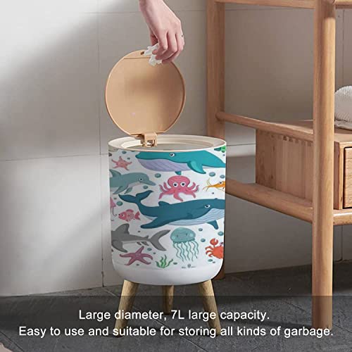 Trash Can with Lid Marine Life sea Animals and Fish Various Poses and situations Drawing Press Cover Small Garbage Bin Round with Wooden Legs Waste Basket for Bathroom Kitchen Bedroom 7L/1.8 Gallon