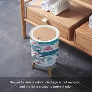 Trash Can with Lid Marine Life sea Animals and Fish Various Poses and situations Drawing Press Cover Small Garbage Bin Round with Wooden Legs Waste Basket for Bathroom Kitchen Bedroom 7L/1.8 Gallon