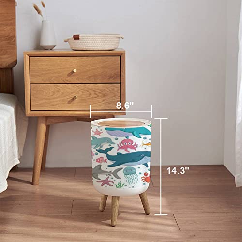 Trash Can with Lid Marine Life sea Animals and Fish Various Poses and situations Drawing Press Cover Small Garbage Bin Round with Wooden Legs Waste Basket for Bathroom Kitchen Bedroom 7L/1.8 Gallon