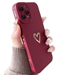 yeddabox compatible with iphone 12 pro max case for women, bronzing luxury heart phone case cute soft tpu shockproof full camera lens protective cover for iphone 12 pro max 6.7 inch - burgundy