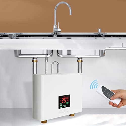 Tankless Water Heater Electric, Mini Instant Hot Water Heater with Remote Control, Constant Thermostatic Heating System with Digital Display for Kitchen Washing Sink 3000W 110V (White)