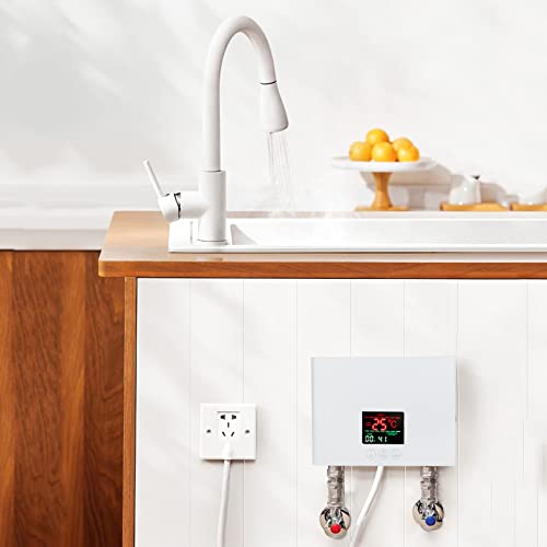 Tankless Water Heater Electric, Mini Instant Hot Water Heater with Remote Control, Constant Thermostatic Heating System with Digital Display for Kitchen Washing Sink 3000W 110V (White)