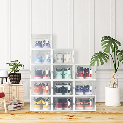 Hrrsaki 12 Pack Size 13 Shoe Storage Boxes, Shoe Boxes Clear Plastic Stackable, Shoe Organizer Boxes with Front Opening Lids, Ventilation and Dust-proof, Shoe Container Boxes for Closet, Bedroom, Bathroom