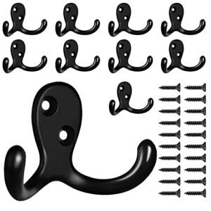 10 pack heavy duty double prong coat hooks wall mounted for wall , hanging with 20 screws black hooks for hanging coat,bag,scarf,towel,hat,key,cup(black)