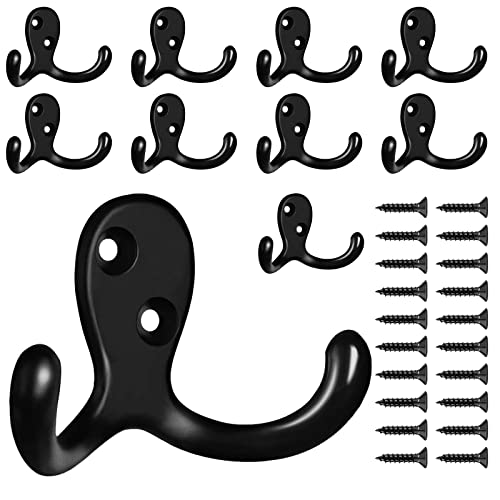 10 Pack Heavy Duty Double Prong Coat Hooks Wall Mounted for Wall , Hanging with 20 Screws Black Hooks for Hanging Coat,Bag,Scarf,Towel,Hat,Key,Cup(Black)