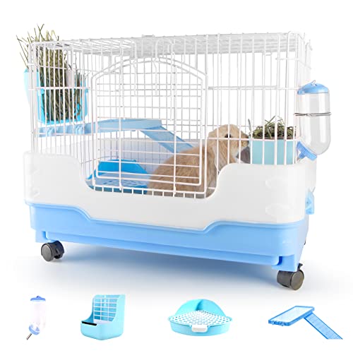 BUCATSTATE Small Animal Cage with Accessories, 25.5 * 17 * 20.8" inch Foldable Rabbit Cage Hutch with Pull Out Tray and Caster Platform for Ferret Chinchilla