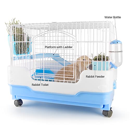 BUCATSTATE Small Animal Cage with Accessories, 25.5 * 17 * 20.8" inch Foldable Rabbit Cage Hutch with Pull Out Tray and Caster Platform for Ferret Chinchilla