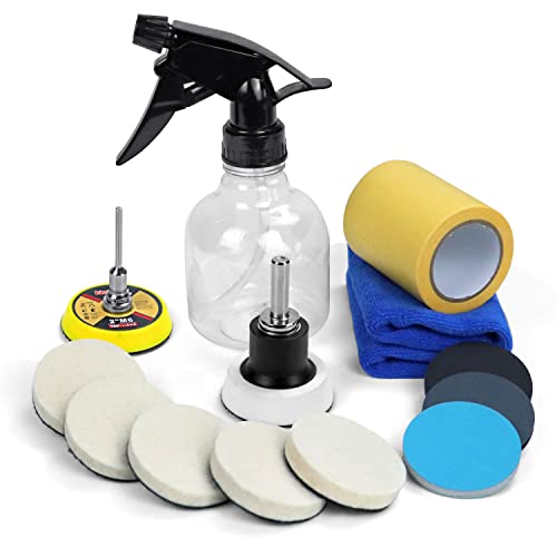 POLIWELL 2 Inch Glass Polishing Kit, 15pcs Car Glass Polish Pad Scratch Removal Kit, Wool Felt Polishing Pads Polishing Sanding Discs with M14 & M6 Drill Adapter for Automotive Polish Glass and Metal