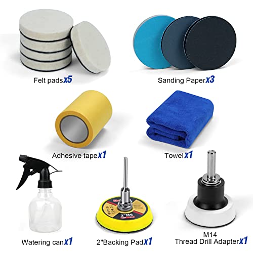 POLIWELL 2 Inch Glass Polishing Kit, 15pcs Car Glass Polish Pad Scratch Removal Kit, Wool Felt Polishing Pads Polishing Sanding Discs with M14 & M6 Drill Adapter for Automotive Polish Glass and Metal