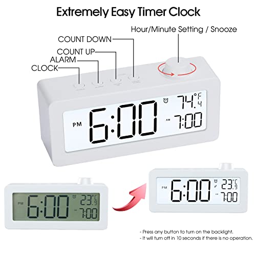 Digital Timer Clock with Temperature - AIMILAR Knob Setting Count Up Countdown Timer with Alarm Clock and Temp White Backlight for Kitchen Cooking Bedroom Kids Student Classroom Office Desktop