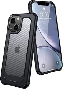 casedaddy [military protective designed for iphone 13 case 6.1 inch, shockproof black heavy duty rugged phone case cover for men & boys with translucent anti-scratch carbon fiber back- black