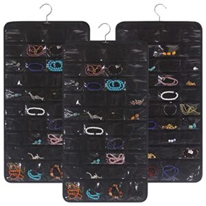 3 pack hanging jewelry organizer with 80 pockets jewelry storage for earrings necklace bracelet ring accessory, black