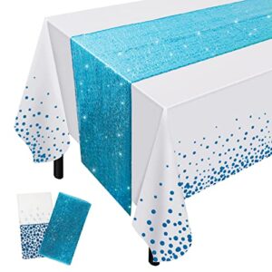 fgsaeor blue tablecloth, 12x108inch sequins table runners and 54x108inch plastic table cloths for party decorations, sparkling party supplies table cover for indoor outdoor parties