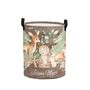 rustic woodland forest animals personalized laundry hamper with handles waterproof,custom collapsible laundry bin,clothes toys storage baskets for bedroom,bathroom decorative large capacity 50l
