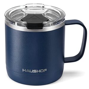 haushof 14 oz coffee mug, insulated coffee mug with handle, travel camping cup, portable stainless steel coffee cup, insulated coffee cups with lid, navy blue