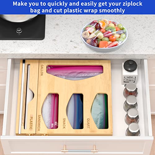 AITEE 2 in 1 Bag Storage and Foil Organizer, Plastic Wrap Dispenser with Cutter for Kitchen Drawer, Bamboo Wood Food Bag Storage Organizer for Gallon, Slider Quart, Sandwich and Snack