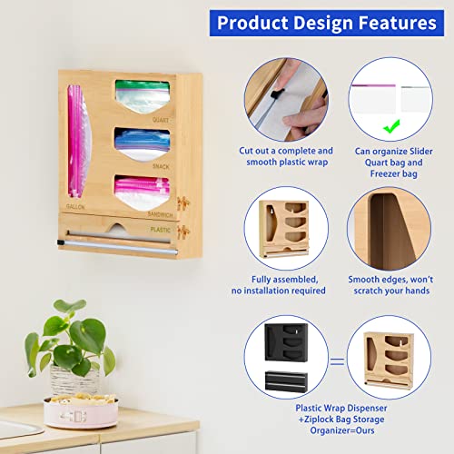 AITEE 2 in 1 Bag Storage and Foil Organizer, Plastic Wrap Dispenser with Cutter for Kitchen Drawer, Bamboo Wood Food Bag Storage Organizer for Gallon, Slider Quart, Sandwich and Snack