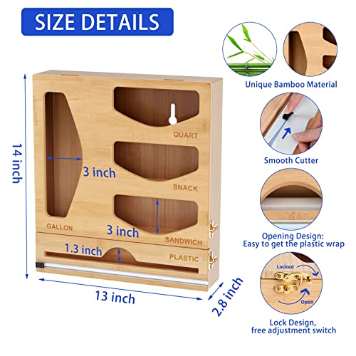 AITEE 2 in 1 Bag Storage and Foil Organizer, Plastic Wrap Dispenser with Cutter for Kitchen Drawer, Bamboo Wood Food Bag Storage Organizer for Gallon, Slider Quart, Sandwich and Snack