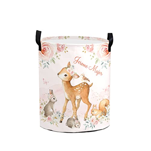 Girl Woodland Animals Floral Personalized Laundry Hamper with Handles Waterproof,Custom Collapsible Laundry Bin,Clothes Toys Storage Baskets for Bedroom,Bathroom Decorative Large Capacity 50L