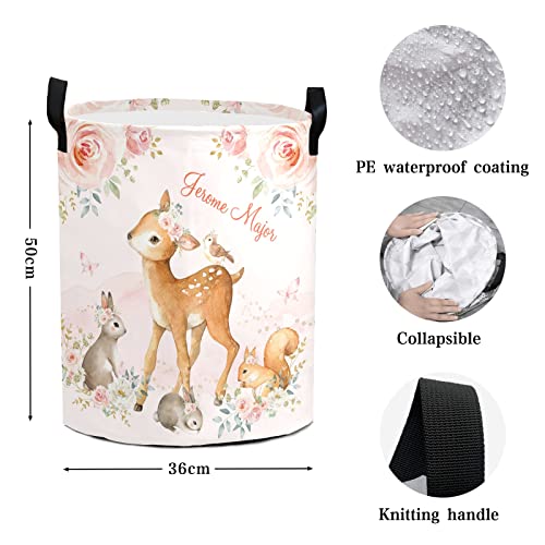 Girl Woodland Animals Floral Personalized Laundry Hamper with Handles Waterproof,Custom Collapsible Laundry Bin,Clothes Toys Storage Baskets for Bedroom,Bathroom Decorative Large Capacity 50L