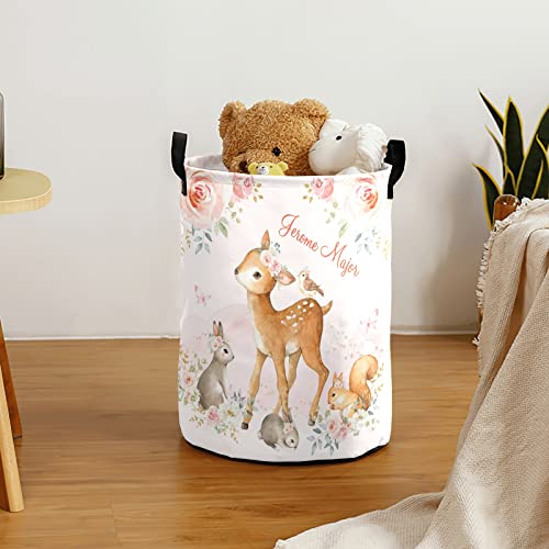 Girl Woodland Animals Floral Personalized Laundry Hamper with Handles Waterproof,Custom Collapsible Laundry Bin,Clothes Toys Storage Baskets for Bedroom,Bathroom Decorative Large Capacity 50L