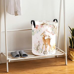 Girl Woodland Animals Floral Personalized Laundry Hamper with Handles Waterproof,Custom Collapsible Laundry Bin,Clothes Toys Storage Baskets for Bedroom,Bathroom Decorative Large Capacity 50L