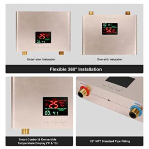 Instantaneous Water Heater 3000W 110V, Mini Electric Tankless, Variable Frequency Constant Temperature and Rapid Heating, with Remote Control, for Small Places, Such as Kitchen and Bathroom (Gold)