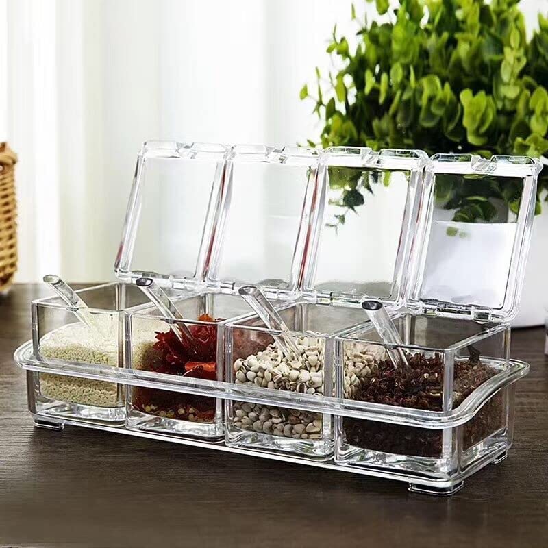 Clear Seasoning Box,4 Spice Jars Condiment Containers with Lids and 4Pcs Spoons 1Pcs Tray Seasoning Organizer for Salt, Sugar, Allspice, Cardamon, Cinnamon, Cloves, Mustard, Nutmeg, Pepper and Tumeric