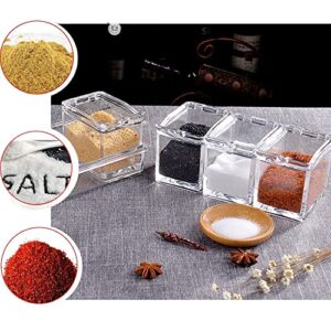 Clear Seasoning Box,4 Spice Jars Condiment Containers with Lids and 4Pcs Spoons 1Pcs Tray Seasoning Organizer for Salt, Sugar, Allspice, Cardamon, Cinnamon, Cloves, Mustard, Nutmeg, Pepper and Tumeric