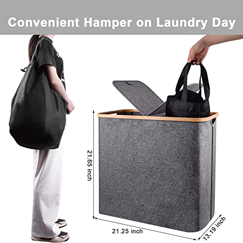 SUPDEJA Double Laundry Hamper with Lid, 100L Large Laundry Hamper 2 Section with Removable Laundry Bags, 2 Dividers Dirty Clothes Basket with Handles Collapsible Foldable Laundry Baskets with Lid
