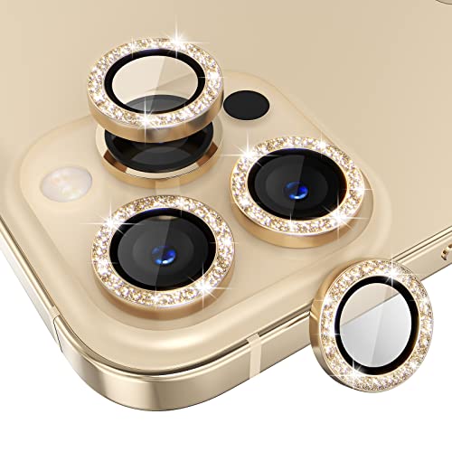 Choiche [3+1] for iPhone 13 Pro/iPhone 13 Pro Max Camera Lens Protector Bling, 9H Tempered Glass Camera Cover Screen Protector Metal Ring Decoration Accessories (Glitter-Gold)