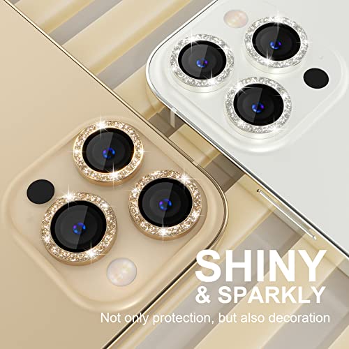 Choiche [3+1] for iPhone 13 Pro/iPhone 13 Pro Max Camera Lens Protector Bling, 9H Tempered Glass Camera Cover Screen Protector Metal Ring Decoration Accessories (Glitter-Gold)