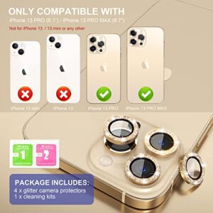 Choiche [3+1] for iPhone 13 Pro/iPhone 13 Pro Max Camera Lens Protector Bling, 9H Tempered Glass Camera Cover Screen Protector Metal Ring Decoration Accessories (Glitter-Gold)