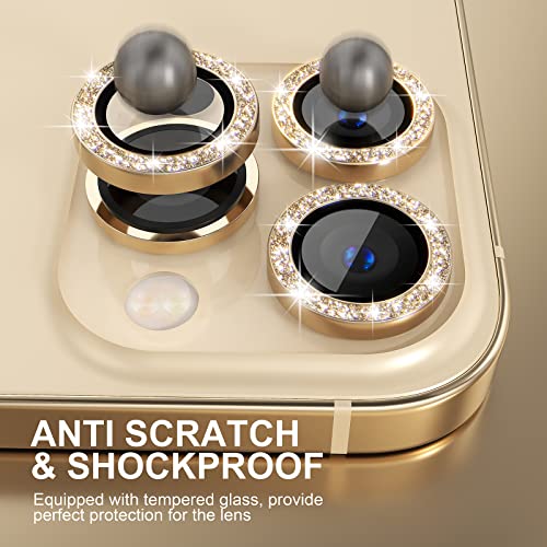 Choiche [3+1] for iPhone 13 Pro/iPhone 13 Pro Max Camera Lens Protector Bling, 9H Tempered Glass Camera Cover Screen Protector Metal Ring Decoration Accessories (Glitter-Gold)