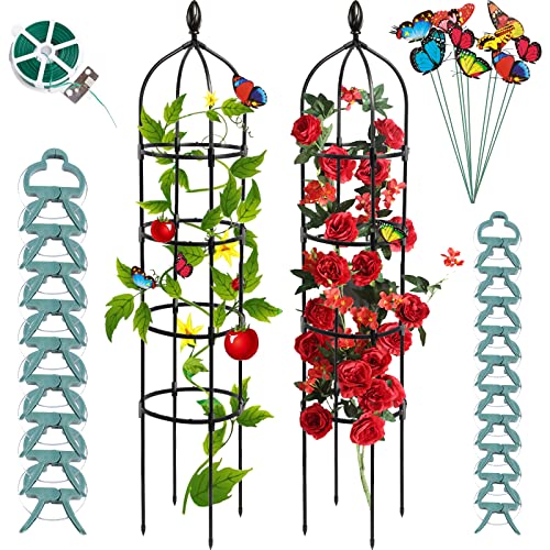 WellSign Obelisk Trellis for Climbing Plants Outdoor 6ft, Garden Tower Trellis for Potted Plants Indoor with Twist Tie, Clips and Butterflies Rustproof Coated Metal Support for Vines Rose 2Pack