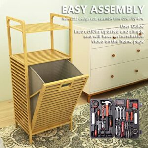 Bamboo Laundry Hamper Basket with Liner Bag Storage - Clothes Hamper with Handles 2-Tier Shelves Space Saving Laundry Room Shelves for Bathroom Living Room Bedroom Decorate