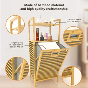 Bamboo Laundry Hamper Basket with Liner Bag Storage - Clothes Hamper with Handles 2-Tier Shelves Space Saving Laundry Room Shelves for Bathroom Living Room Bedroom Decorate