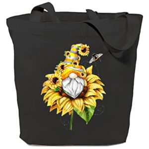 GXVUIS Canvas Tote Bag for Women Aesthetic Sunflower Gnome Reusable Grocery Shoulder Shopping Bags Girls Gifts Black