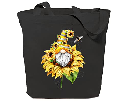 GXVUIS Canvas Tote Bag for Women Aesthetic Sunflower Gnome Reusable Grocery Shoulder Shopping Bags Girls Gifts Black