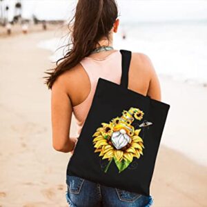 GXVUIS Canvas Tote Bag for Women Aesthetic Sunflower Gnome Reusable Grocery Shoulder Shopping Bags Girls Gifts Black