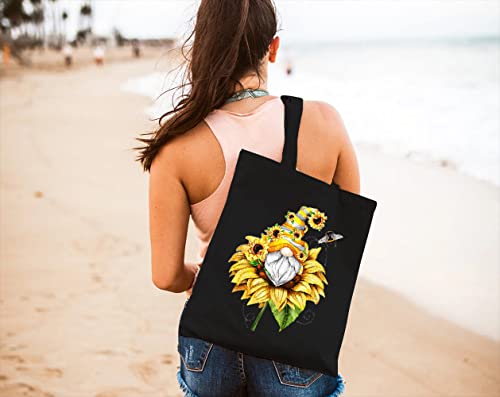 GXVUIS Canvas Tote Bag for Women Aesthetic Sunflower Gnome Reusable Grocery Shoulder Shopping Bags Girls Gifts Black